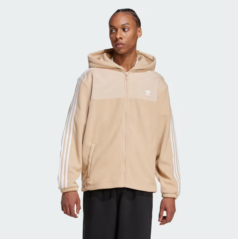 Adidas - 3 Stripe Teddy Fleece Zip-Up Hoodie Beige
