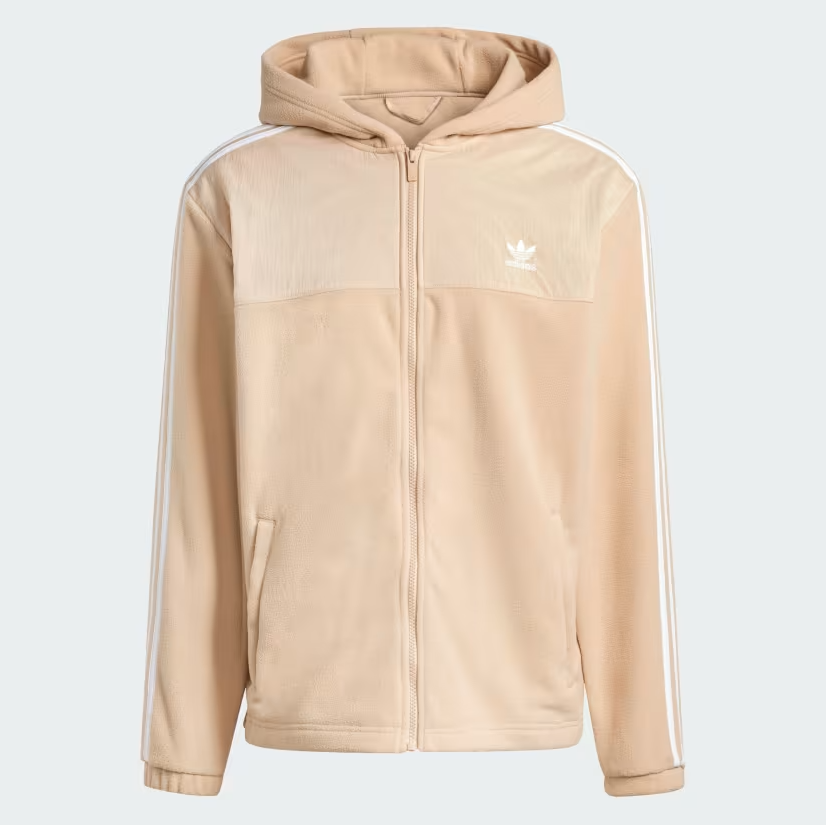 Adidas - 3 Stripe Teddy Fleece Zip-Up Hoodie Beige