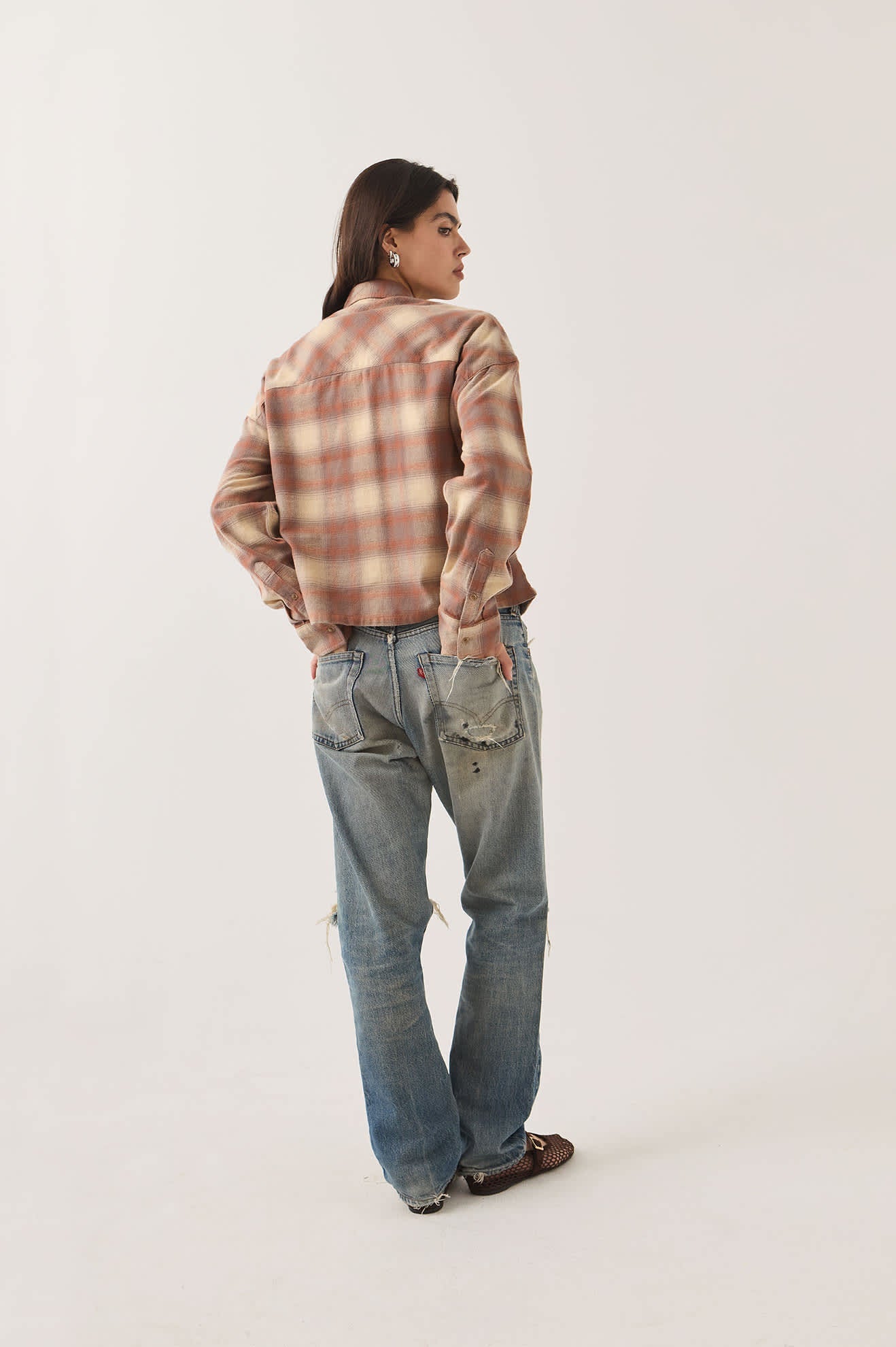Brixton - W Bowery Crop Overshirt Soft Tan Window Plaid-4