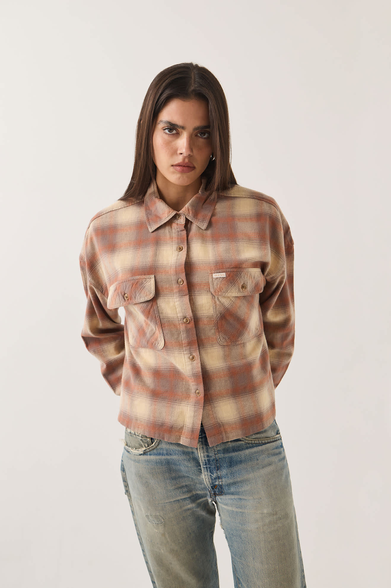 Brixton - W Bowery Crop Overshirt Soft Tan Window Plaid-2
