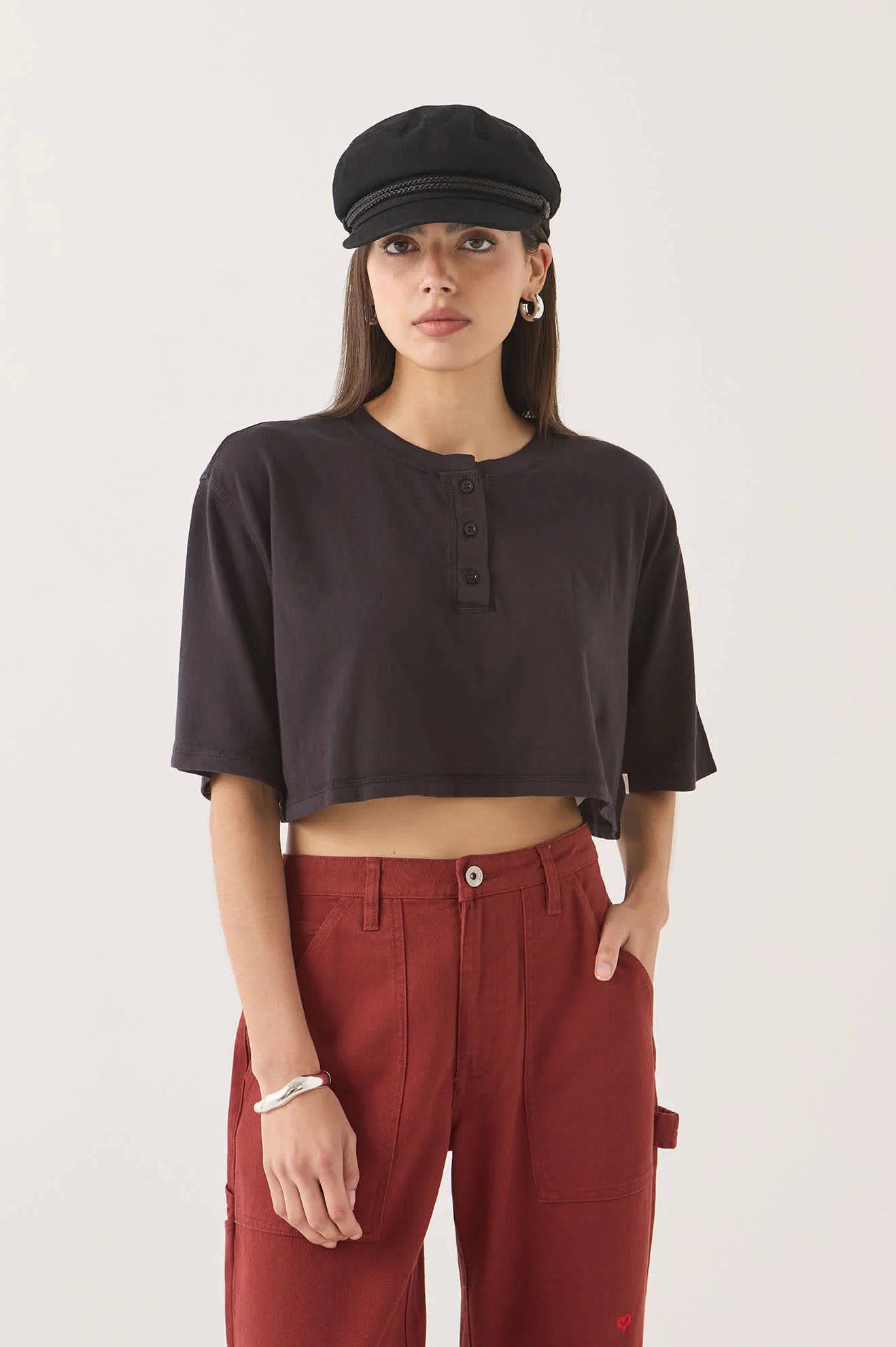 Brixton - W Carefree Organic Garment Dye Cropped Henley Black-2
