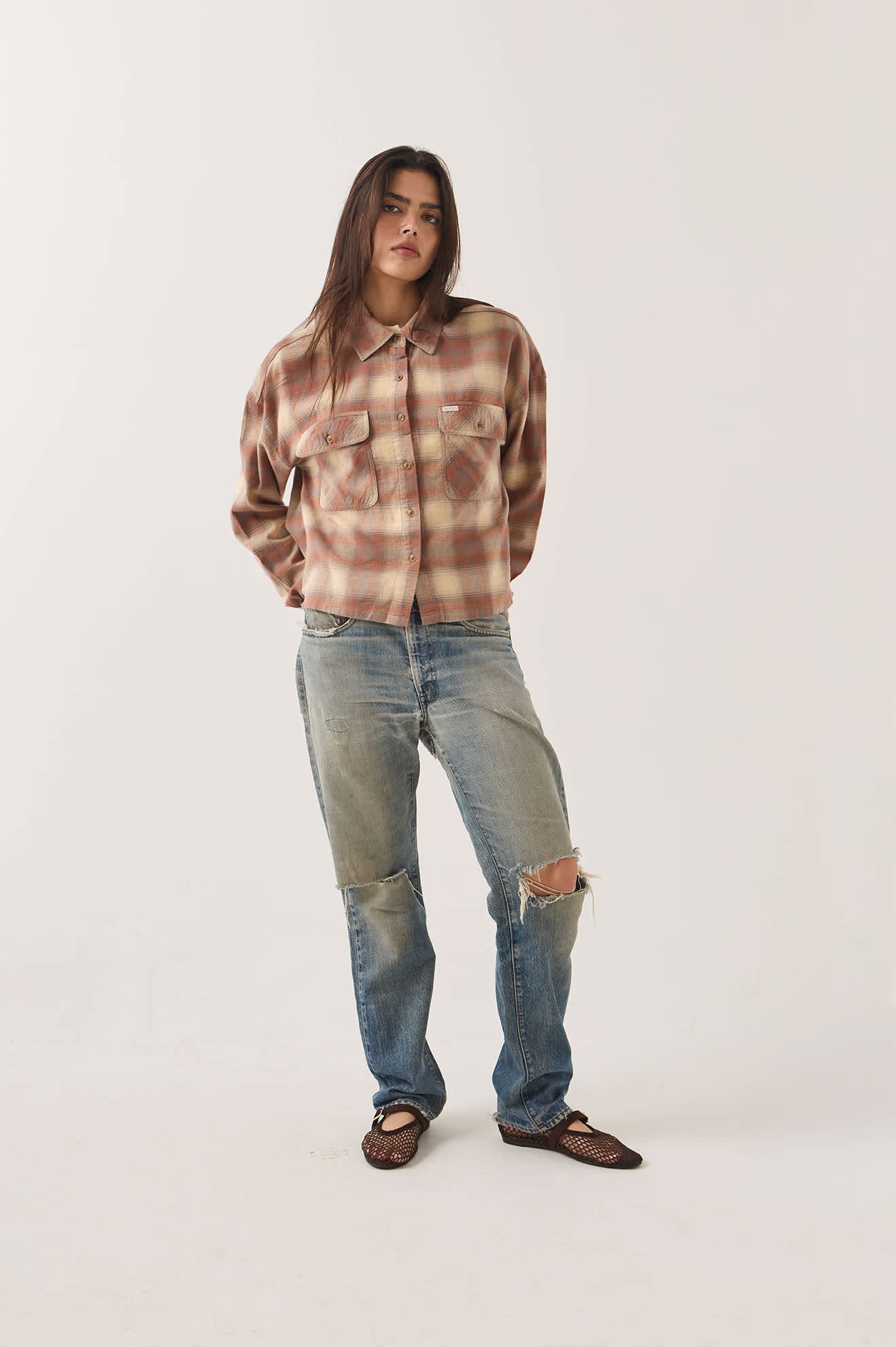 Brixton - W Bowery Crop Overshirt Soft Tan Window Plaid-3